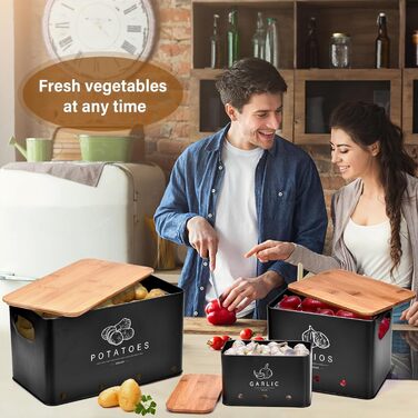 Набір контейнерів для зберігання картоплі, цибулі та часнику (3 шт.), бамбуковий кришка, чорний колір