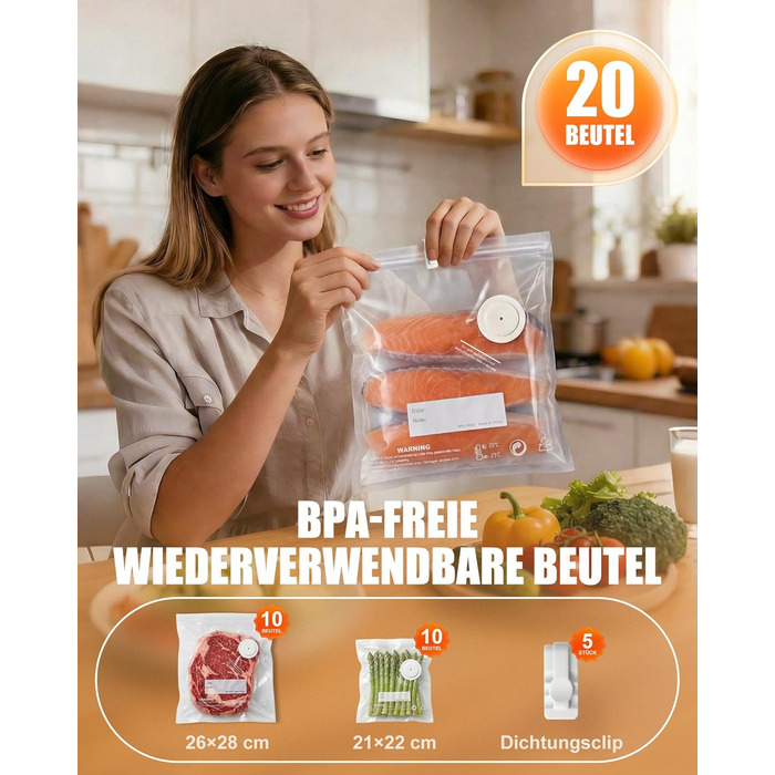 Вакууматор Babacom портативний з резервуаром для води, потужність 60кПа, автоматичний вакуумний пакувальник з пульс-функцією для делікатних продуктів, 20 багаторазових пакетів у комплекті