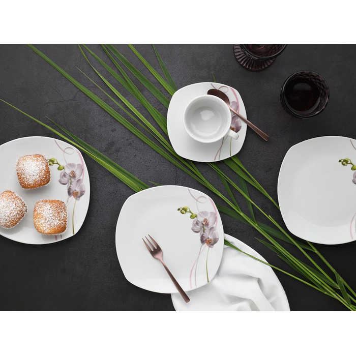 CreaTable Серія Square Orchidee: 18-частинний порцеляновий кавовий сервіс на 6 осіб, для кави, миття в посудомийній машині та використання в мікрохвильовій печі
