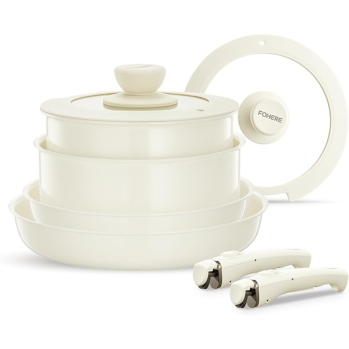 Набір посуду FOHERE 8 предметів: каструлі та сковороди з 2 знімними ручками, сковорода 20/28 см, каструлі 2.6/1.4 л, підходить для всіх плит (індукція), безпечний у духовці та посудомийній машині, бежевий
