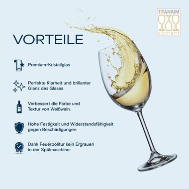 Кришталеві келихи Crystal Bohemia для білого вина, 6 шт., об'єм 350 мл, стійкі до миття в посудомийній машині, довговічні та стійкі до подряпин - елегантні келихи з кришталевого скла, ідеальні як подарунок для поціновувачів вина