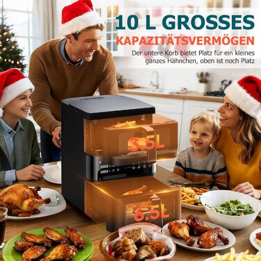 Фритюрниця без олії Heißluftfritteuse з подвійним набором камер 10л з оглядовим вікном, 10-в-1, сенсорне управління, таймер, економна, чорна 3.5л+6.5л
