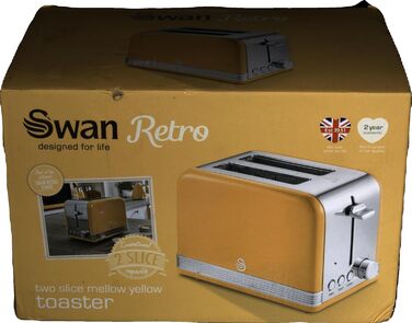 Тостер Swan Retro ST19010, 2-слотовий, широкий, 815 Вт, 6 режимів, нержавіюча сталь, жовтий, ретро-дизайн, розморожування, підігрів, скасування
