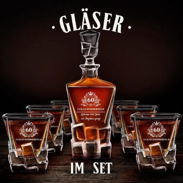 Мавертон Карафа для віскі 950 мл + Набір з 6 склянок для віскі з гравіюванням - Декантер для віскі - Подарунок на Різдво - Люксовий дизайн - Крісталльне скло - для чоловіків на день народження - Корона