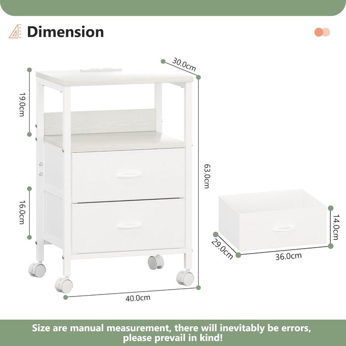 Нічний столик з ящиками та зарядкою, 2 розетки AC та 2 USB, з роликами, білий