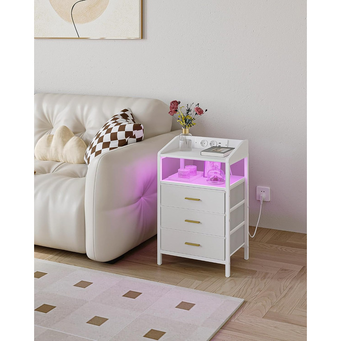 Приліжкова тумба з LED-підсвіткою, USB і розетками, 3 текстильні шухляди, полиці, для спальні та вітальні, біла NS31013W