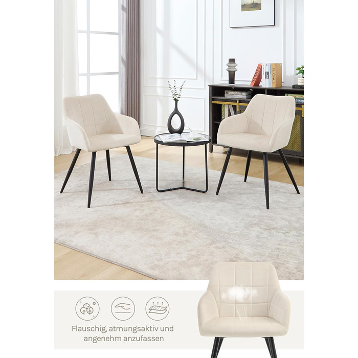 Крісла для їдальні WOLTU - 8 шт. М'які крісла з підлокітниками для кухні, вітальні, оббивка з велюру, металеві ніжки, кремовий колір