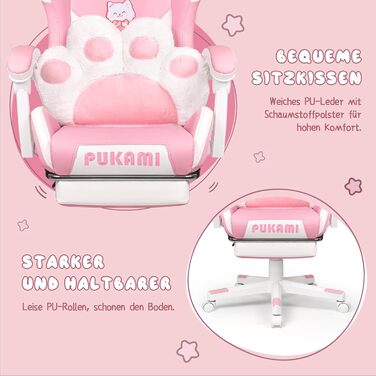 Ігровий крісло Waleaf з підголовником у вигляді лапки кота та вушками, ергономічний геймерський крісло з підніжкою, регульоване крісло для комп'ютера з PU шкіри для дівчаток-підлітків, ігрове крісло 135кг, рожеве