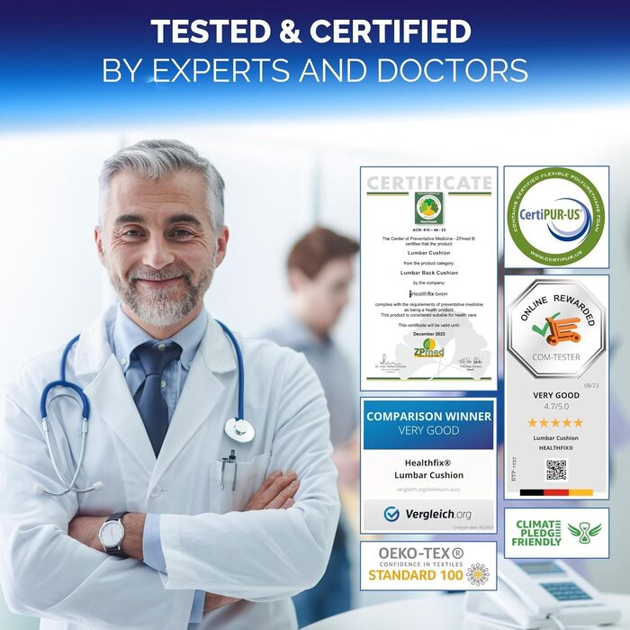 Ергономічна подушка під поперек Healthfix з ефектом пам'яті для офісного стільця, авто та дивана (розмір Medium, 70-90 кг)
