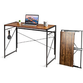 Складаний стіл COSTWAY, розкладний стіл 100 x 50 см з 6 гачками та металевим каркасом, компактний комп'ютерний стіл Промисловий робочий стіл для домашнього офісу, 115 кг з можливістю завантаження (сільський коричневий)