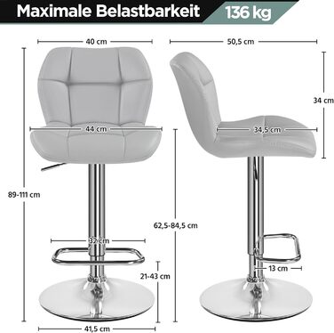 Барні стільці Yaheetech 2 шт. регульовані по висоті, обертаються на 360°, з підніжками та спинкою, з PU-шкіри, сірі (2 шт.)