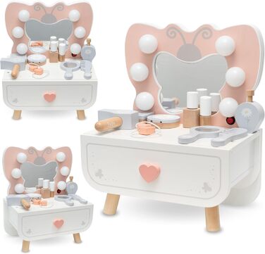 Детський туалетний столик Mamabrum XXL з дерева з пуфом та LED-дзеркалом – для дівчаток від 3 років, з ящиком та аксесуарами для макіяжу, ігровий набір та письмовий стіл (MAM242 DRESSING TAB)