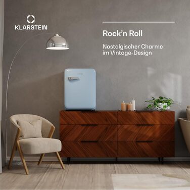 Холодильник Klarstein Audrey Evo 68L: Ретро-дизайн, тихий (40 dB), компресор, регульовані ніжки, двері, що відкидаються, для спальні та офісу (68 л, енергоклас E, блакитний)