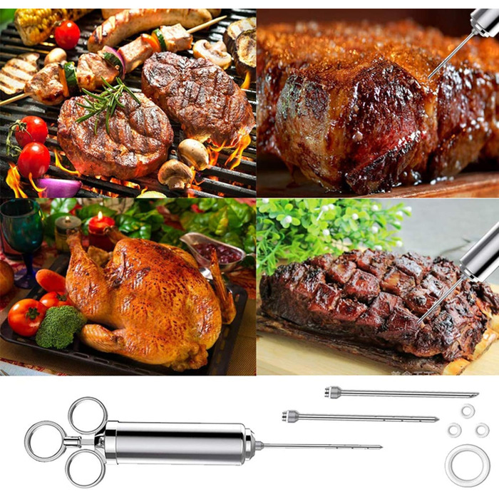 Шприц для м'яса - 3 голки для маринаду, шприц для спецій з нержавіючої сталі для барбекю (сріблястий)