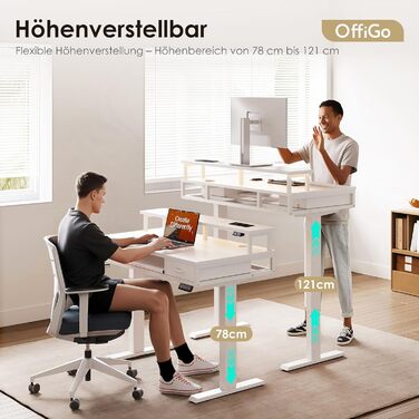 Регульований за висотою стіл OffiGo з 2 висувними ящиками та підставкою для клавіатури, 120 см. Електричний стіл з підставкою для монітора, RGB підсвічування та розетками, білий (120 x 54 см)