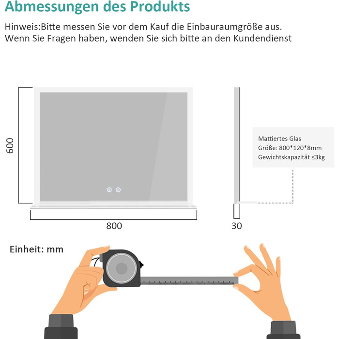 Дзеркало для ванної кімнати EMKE з підсвічуванням 80x60 см, з полицею, антизапар, регульоване холодне біле світло 6500K, сенсорне управління, функція пам'яті, прямокутне дзеркало для ванної кімнати (з полицею) 80Ш x 60В см