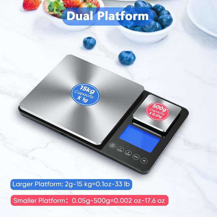 Кухонні ваги Dr. Cowu з подвійною платформою, 15 кг/1 г та 500 г/0.01 г, цифрові, з тарою, підрахунком, автовимкненням, для кухні, ювелірних виробів, випічки та приготування їжі