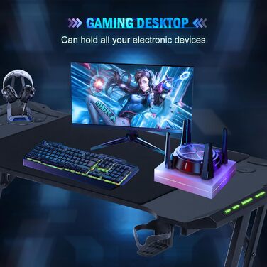 Ігровий стіл 120x60 см з LED Z-подрофкою, карбоновим покриттям, тримачем для напоїв та гачком для навушників. Стабільний та ергономічний стіл для геймерів та офісу.