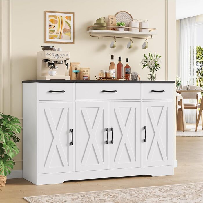 Сервант HOCSOK 140 см: кухонний буфет з 3 висувними ящиками, 4 дверцятами та 2 регульованими полицями, білий та коричневий