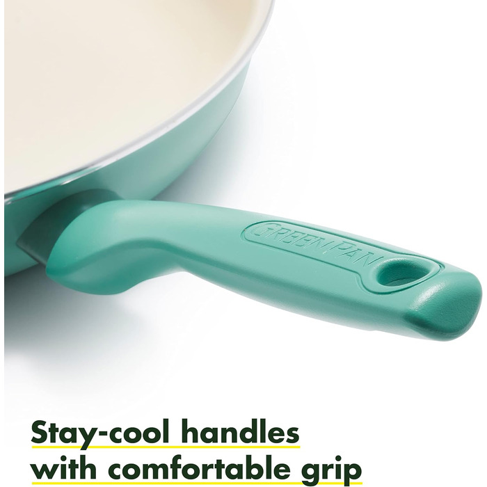 Сковорода GreenPan Rio, керамічна, з антипригарним покриттям, 34,3 см, допоміжна ручка, без PFAS, можна мити в посудомийній машині, бірюзова