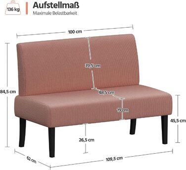 Диван-лавка Yaheetech для кухні/вітальні, 2 місця, без підлокітників, зелений/рожевий, м'який, оббивка з корду