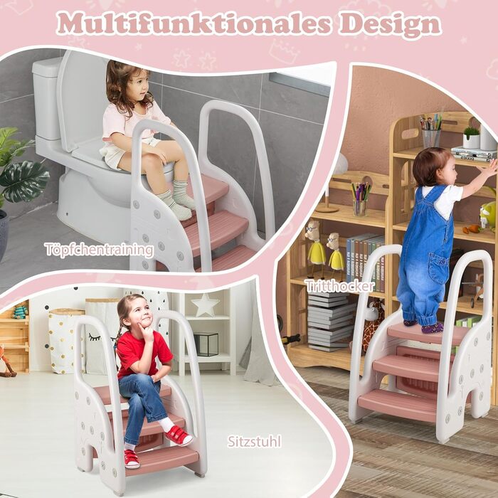 Дитячий триступеневий табурет-сходинка COSTWAY, регульована висота, знімний верхній щабель, неслизьке покриття, 50 кг, рожевий