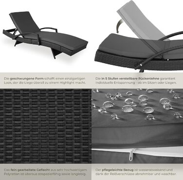 Шезлонг Tectake® з поліротангу, регульована спинка, для саду, балкону та тераси - чорний