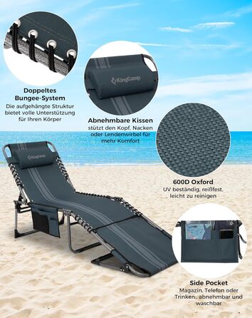 Лежак для відпочинку KingCamp великого розміру, складаний, 5 положень, для саду, кемпінгу, пляжу, 200 x 68 см, сірий, з подушкою та кишенею, до 200 кг