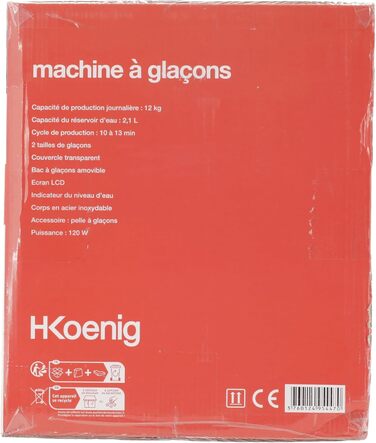 Машина для виробництва кубиків льоду H.Koenig, 3 розміри, 6-13 хв., 100 Вт, нержавіюча сталь, срібло, індикатор рівня води