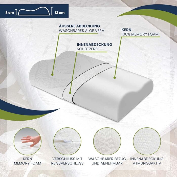 Ортопедична подушка для підтримки шиї з піни з ефектом пам'яті, чохол з алое вера, сертифікований Oeko-Tex