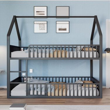 Двоярусне ліжко 140x200 см для 2 дітей, з будиночком, сходами та дверцятами, металеве, з захистом від падіння та ламелями (чорне)