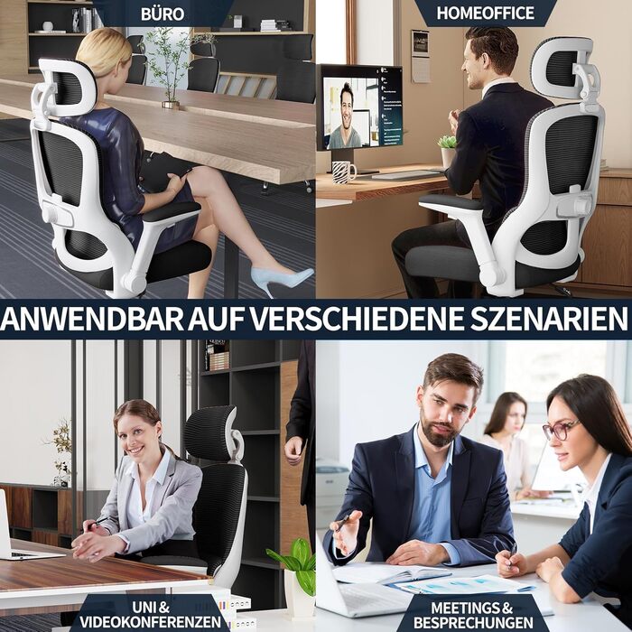 Офісне крісло TRALT Ergonomiczne - ігрове крісло з регульованою підголівником та підтримкою попереку, для дому та офісу, комп'ютерне крісло для великих людей, сітчасте крісло, 150 кг (білий, чорний)