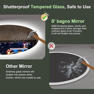 Дзеркало для ванної кімнати S'bagno Runder з підсвічуванням 60 см, антизапар, 3000K/4000K/6500K, регулювання яскравості, HD скло, функція пам'яті, IP44, 60x60 см