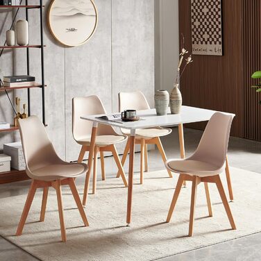 Обідній стіл з 4 стільцями для кухні/вітальні (110 см, прямокутний) - білий стіл та 4 світло-хакі стільці