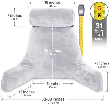 Подушка для чоловіків з підлокітниками - темно-сіра, для читання та відпочинку в ліжку | Premium Memory Foam | Знімна подушка для шиї