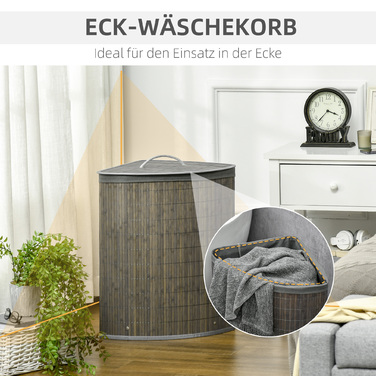 Квадратний бамбуковий кошик для білизни HOMCOM 55 л з кришкою та знімним чохлом 38 x 38 x 57 см Сірий | Аосом