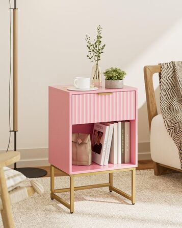 Приліжкова тумбочка з відкритим відсіком, журнальний столик для вітальні та спальні (горіх), 40 x 30 x 60 см, рожеве фетрове покриття
