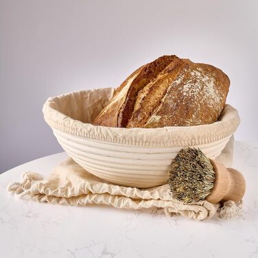 Корзини для випікання хліба Praknu 2 шт. - з екологічного ротангу, діаметр 25 см - набір з щіткою, лляною вставкою та мішком для хліба