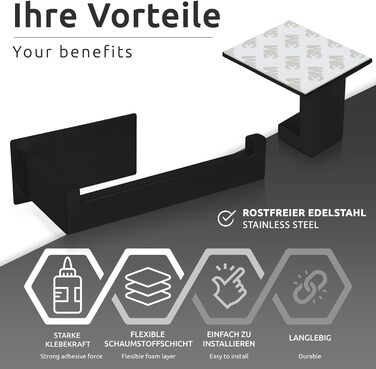 Тримач для туалетного паперу 2 шт. гачок для рушників без свердління, набір для ванної кімнати Самоклеючі аксесуари для ванної кімнати - нержавіюча сталь 304, вішалка для рушників тримач туалетного паперу (чорний)