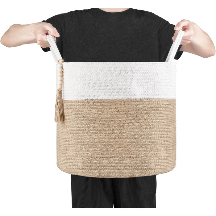 Кошик для білизни Mkono з натурального сизалю, плетений декоративний кошик для зберігання речей, жовто-білий, 40.6 x 35 см