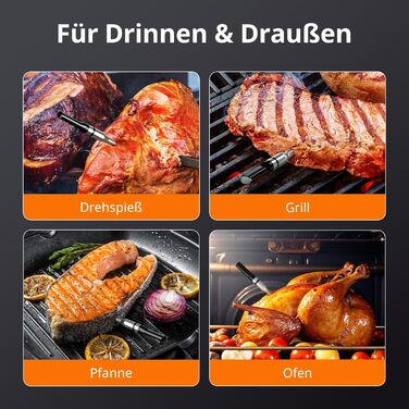 Бездротовий термометр для м'яса AIRMSEN з акумулятором 1000mAh, Bluetooth, LCD-дисплей, дальність 150м, керування через додаток, для приготування на грилі та барбекю, чорний