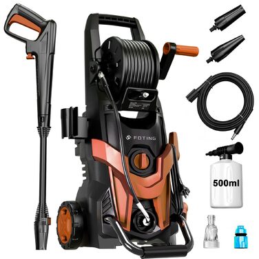 Високотискний мийник 180 бар, 6-в-1 насадка, продуктивність 420 л/год, площа очищення 50 м²/год, економний, з піночистою та барабаном для шлангу, для авто та під'їздів, червоний