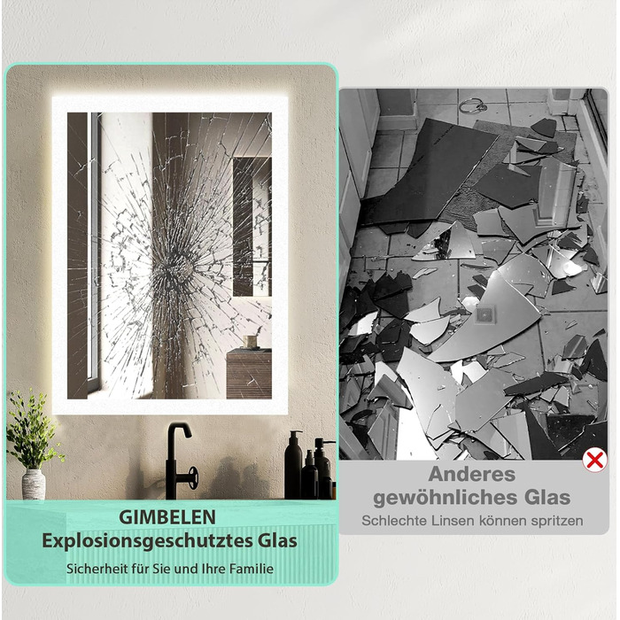 Дзеркало для ванної кімнати GIMBELEN з підсвічуванням LED, антизапар, 2 кольори світла (3000K/6500K), функція пам'яті, прямокутна форма, 50 x 70 см