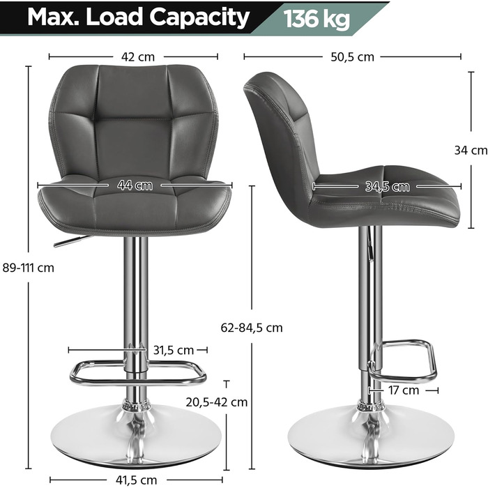 Барні стільці Yaheetech, комплект 2 шт, регульована висота, 360° обертання, з підніжкою, для кухні, чорний/сірий