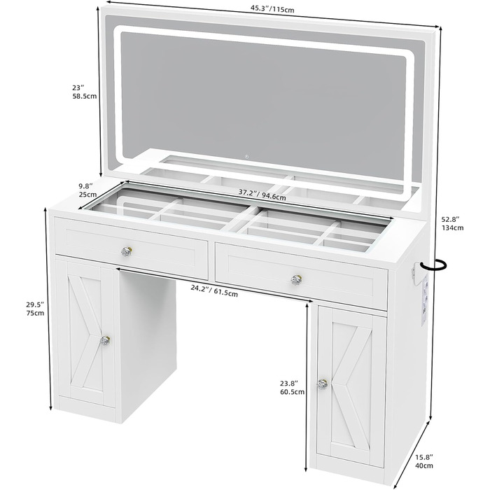 Туалетний столик YITAHOME з LED-дзеркалом, регульоване 3-кольорове освітлення, скляна стільниця, вбудована розетка, для спальні, 115 x 40 x 134 см, білий
