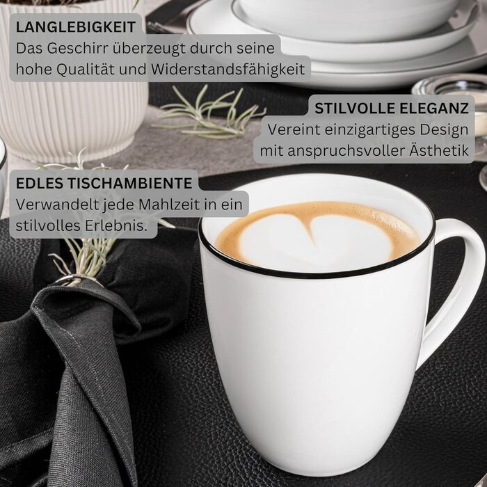 Набір кавових чашок SÄNGER 12 шт. з блюдцем, 6 персон, порцеляна, білий з чорними акцентами, 200 мл, PREMIUM COLLECTION (Marlo Black Rim)