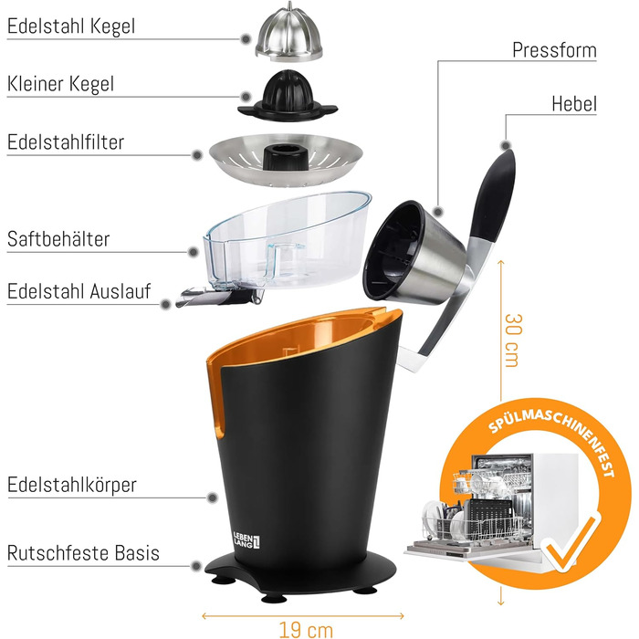 Електрична прес для цитрусових LEBENLANG з нержавіючої сталі, 600W. Включає конус з нержавіючої сталі, не містить BPA. Висока вихідність соку для апельсинів та лимонів. Чорний колір.