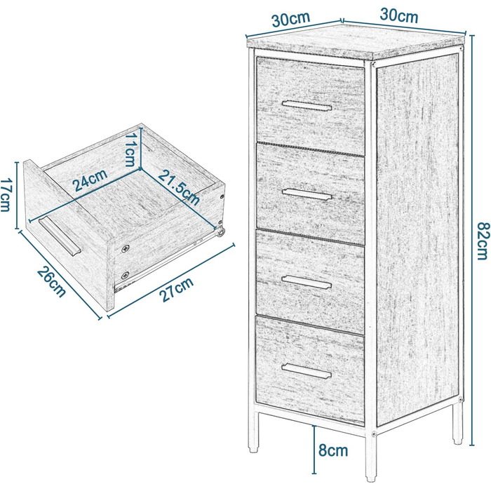 Тумба для ванної з 4 ящиками, з металу інженерного дерева, 30x82x30 см, для ванної кімнати, вітальні, кухні