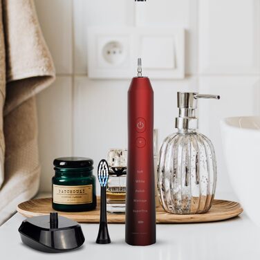 Електрична зубна щітка Tristan Auron – 55 000 вібрацій, 5 режимів, 60 днів роботи від акумулятора, компактна та тиха, 2 насадки, для бережного очищення зубів (червона)