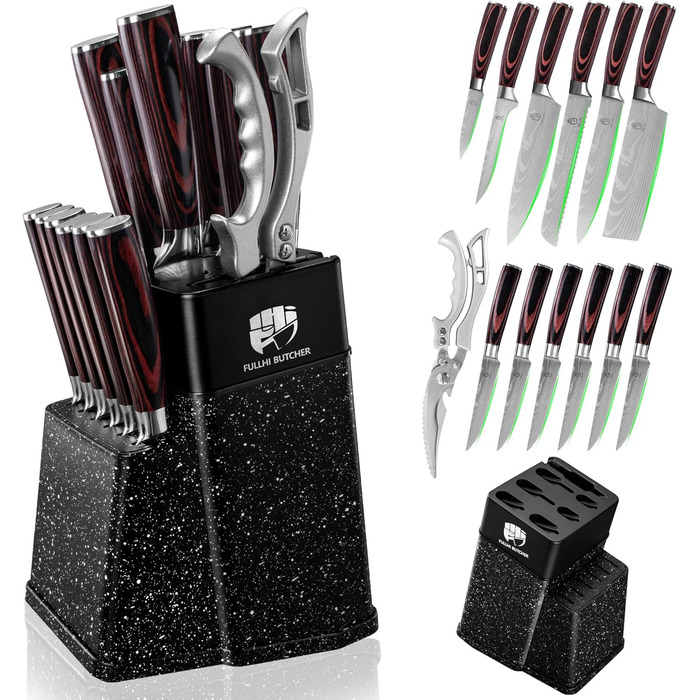 Набір кухонних ножів Fullhi 14 предметів з бруском для заточування: кухонні ножі, ножі для стейку, барвисті ручки. Ідеальний подарунок для чоловіків та жінок.